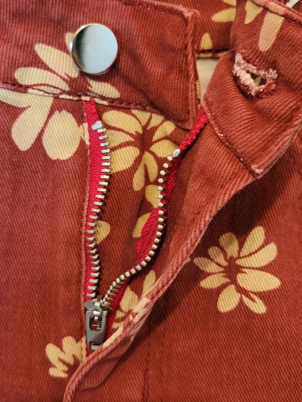 Loveimgs Floral Barrel Leg Jeans Size M Rust Orange Cream Daisy Print Cottagecor - Picture 6 of 9
